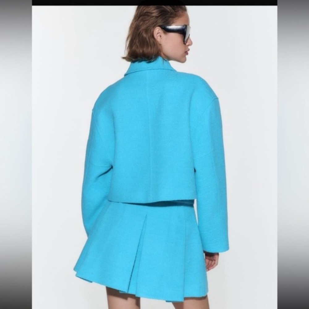 Zara jacket women's small bomber blazer turquoise blue‎ tweed textured NWT - Picture 6 of 14